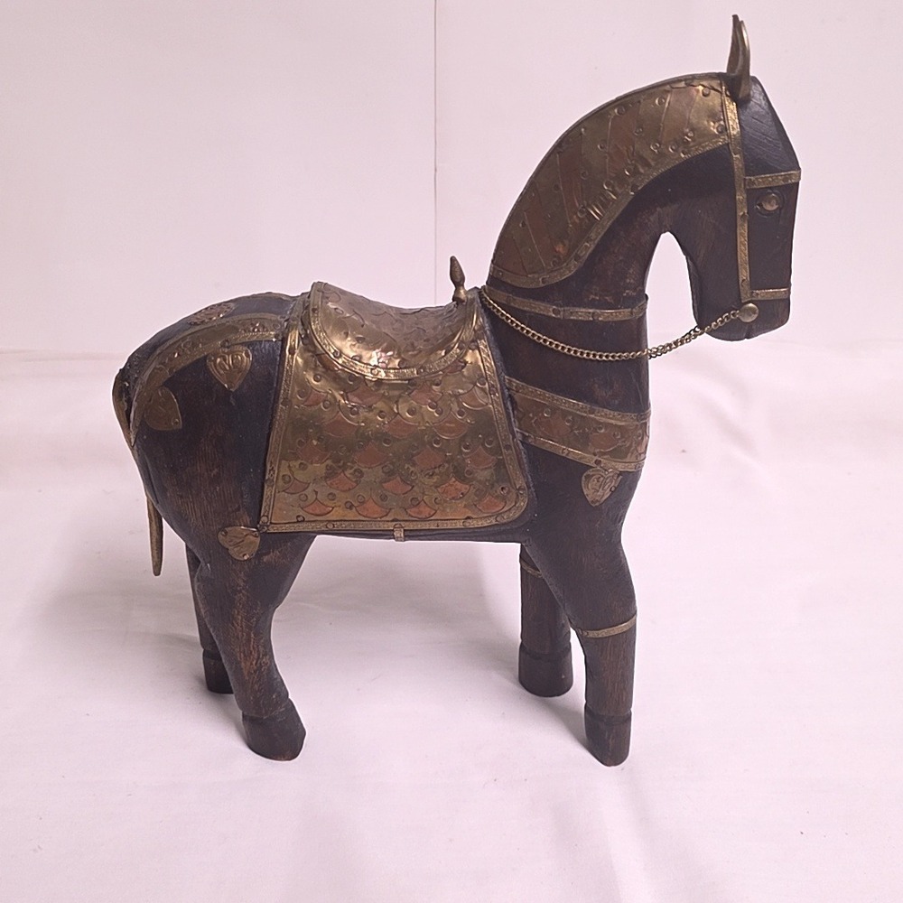 Vintage Wooden Horse Figurine Brass Copper Metal Inlay Handcrafted Decor Brown